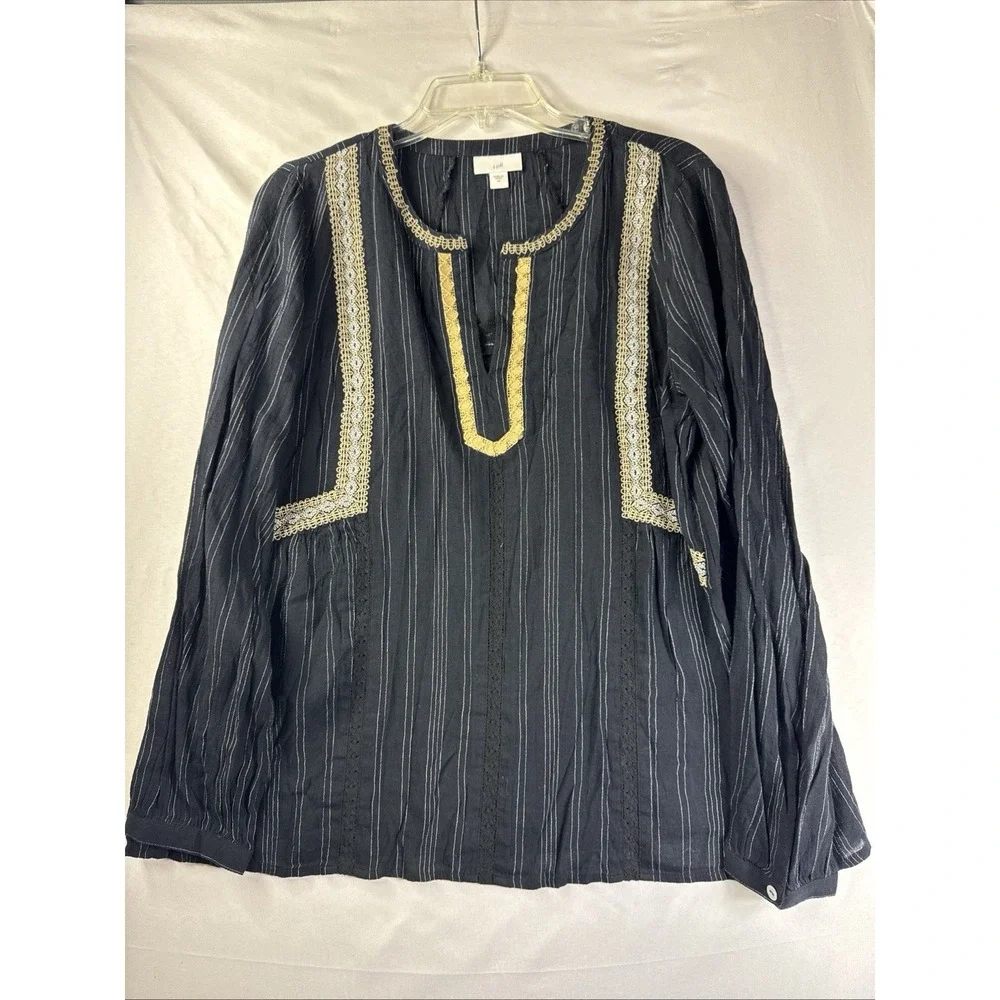 J Jill Tunic Blouse M Black Pinstripe‎  Embroidery Notch Neck Boho Top